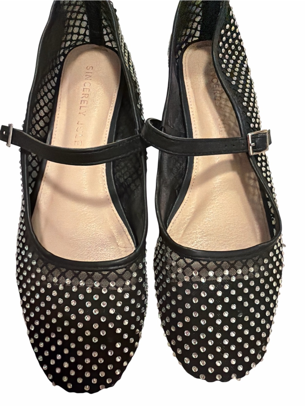 Sincerly Jules Black Crystal-Studded Mary Jane Flats